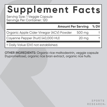 Sports Research Apple Cider Vinegar with Cayenne Pepper | Made from Organic Fermented Apple Cider - Non-GMO Project Verified & Vegan Certified (120 Veggie Capsules) - Nirvana Guru