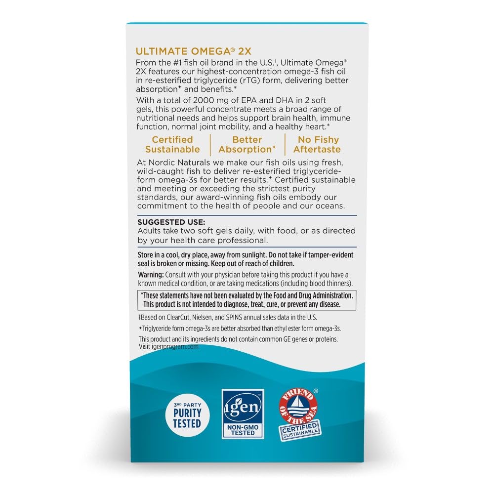 Nordic Naturals Ultimate Omega 2X, Lemon Flavor - 60 Soft Gels - 2150 mg Omega-3 - High-Potency Fish Oil with EPA & DHA - Promotes Brain & Heart Health - Non-GMO - 30 Servings - Nirvana Guru