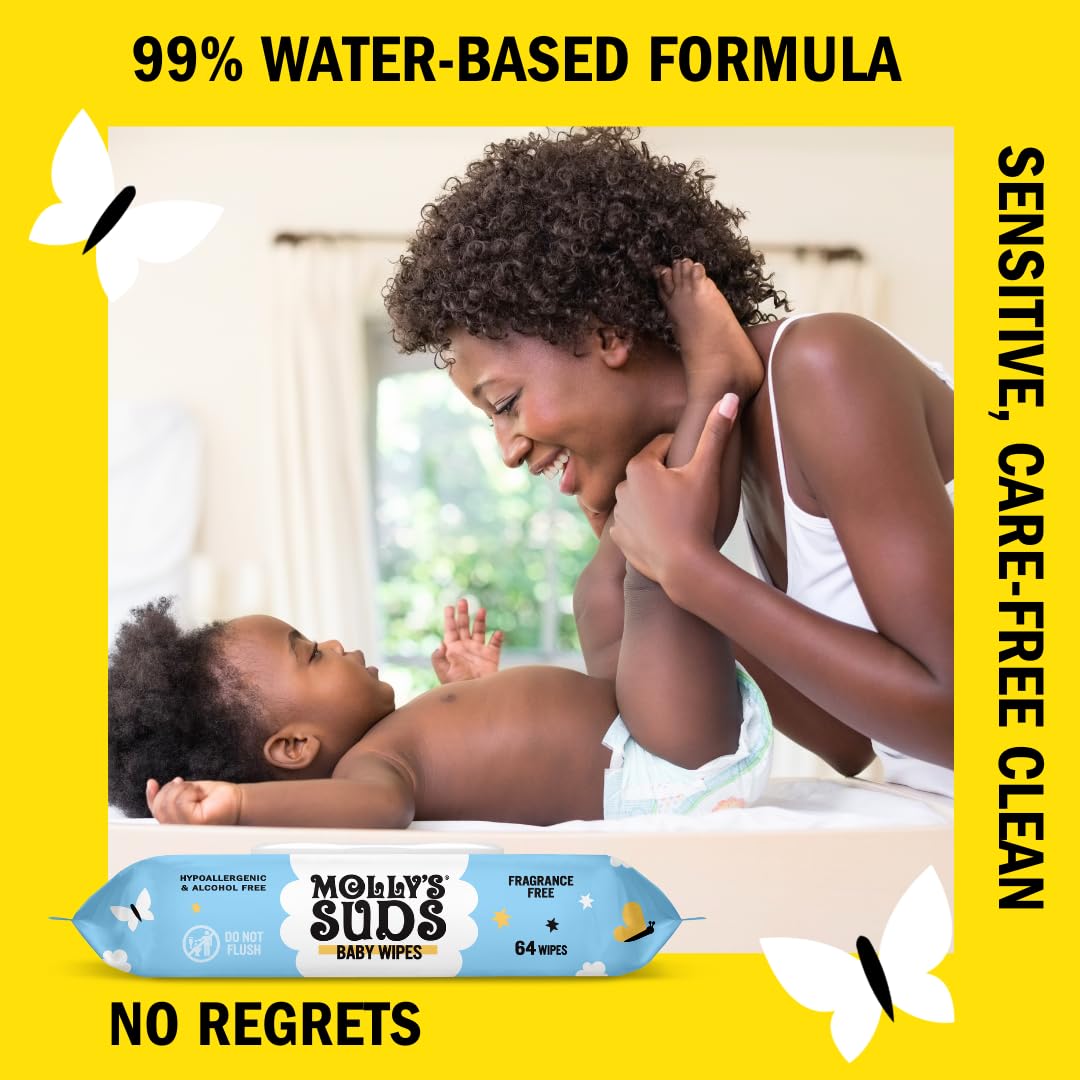 Molly's Suds Sensitive Clean Baby Wipes | 99% Water, Plant-Based, Fragrance Free | 576 Total Wipes (9 Flip-Top Packs) Nirvana Guru