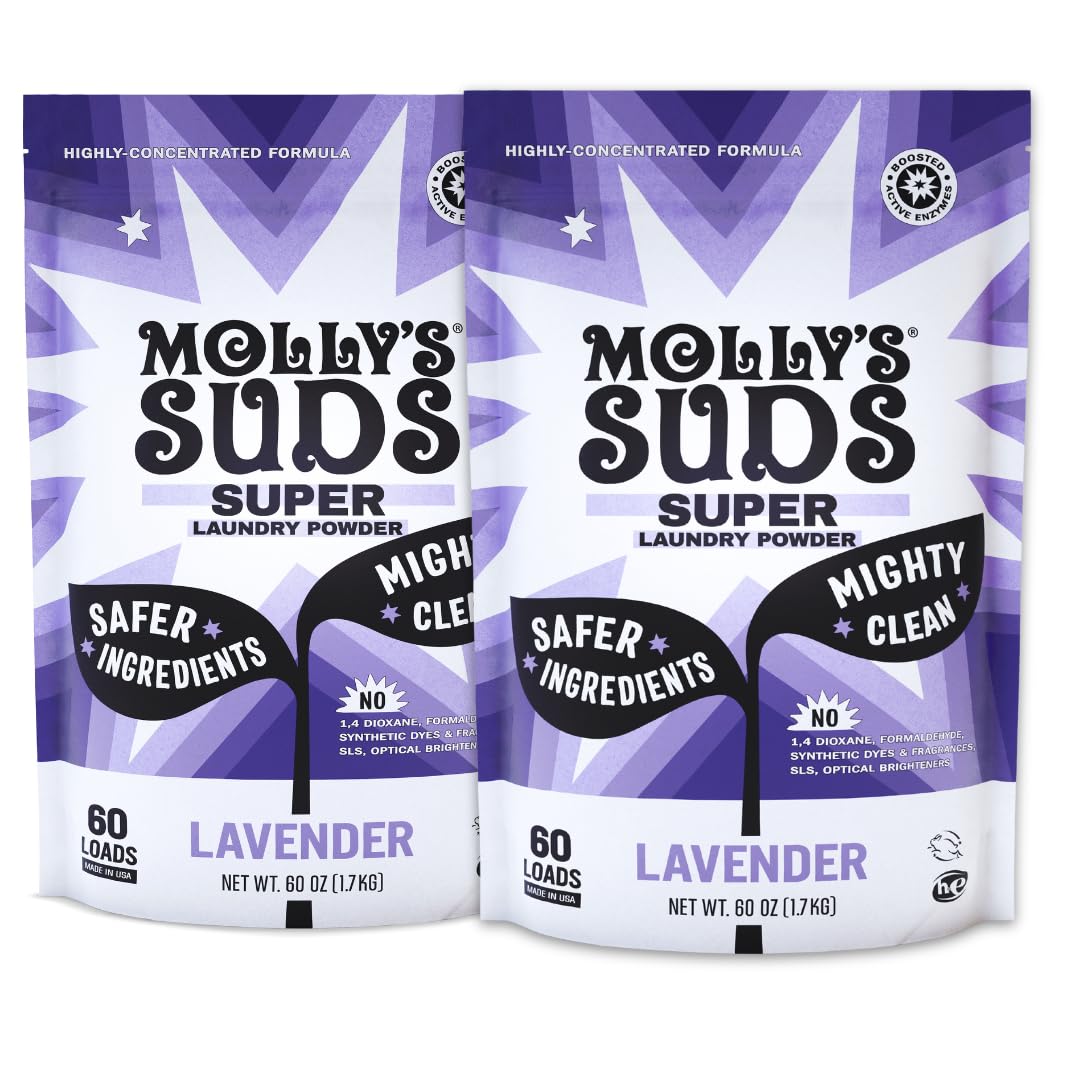 Molly's Suds Super Powder Detergent | Extra Strength Laundry Soap, Stain Fighting | Sensitive Skin | Simple, Effective Ingredients | 60 Loads - Lavender