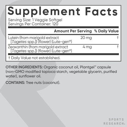 Sports Research Vegan Lutein + Zeaxanthin (20mg) with Organic Coconut Oil for Better Absorption - Supports Vision & Eye Health - Vegan Certified & Non-GMO Verified (120 Softgels) - Nirvana Guru