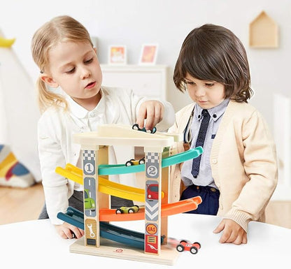TOP Bright Toddler Wooden Race Track Car Ramp Toys for 1 2 Year Old Baby Motor Skills Race Tracks Car Ramp Vehicle Playsets with 4 Mini Cars and 1 Car Garage nirvanaguru