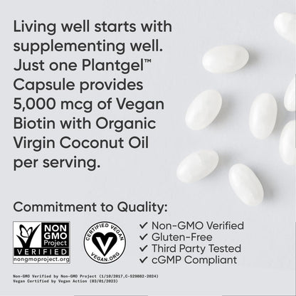 Sports Research Extra Strength Vegan Biotin (Vitamin B) Supplement with Organic Coconut Oil - Supports Keratin for Healthier Hair & Skin - Great for Women & Men - 5,000mcg, 120 Veggie Softgel Capsules - Nirvana Guru