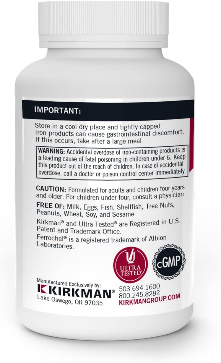 Kirkman - Iron Ferrochel 5mg - 120 Capsules - Aids Hemoglobin & Myoglobin Production - Supports Red Blood Cells Formation - Hypoallergenic - Nirvana Guru