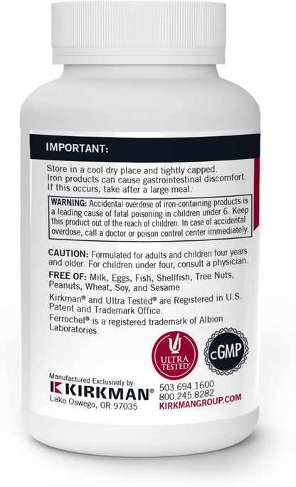 Kirkman - Iron Ferrochel 5mg - 120 Capsules - Aids Hemoglobin & Myoglobin Production - Supports Red Blood Cells Formation - Hypoallergenic - Nirvana Guru