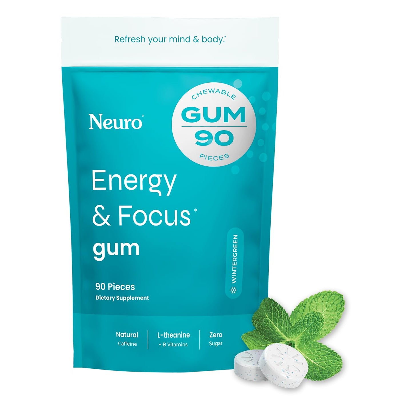 NeuroGum Energy & Focus Gum (Peppermint, 54 Pieces) | 40mg Natural Caffeine + L-Theanine + Vitamin B12 & B6 + Xylitol | Sugar Free Nootropic Cognitive Brain Performance Supplement