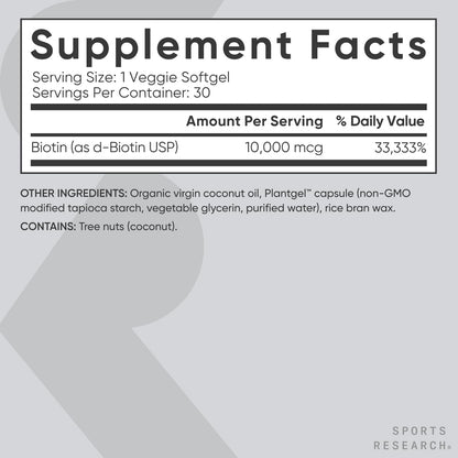 Sports Research Extra Strength Vegan Biotin (Vitamin B) Supplement with Organic Coconut Oil - Supports Keratin for Healthier Hair & Skin - Great for Women & Men - 5,000mcg, 120 Veggie Softgel Capsules - Nirvana Guru