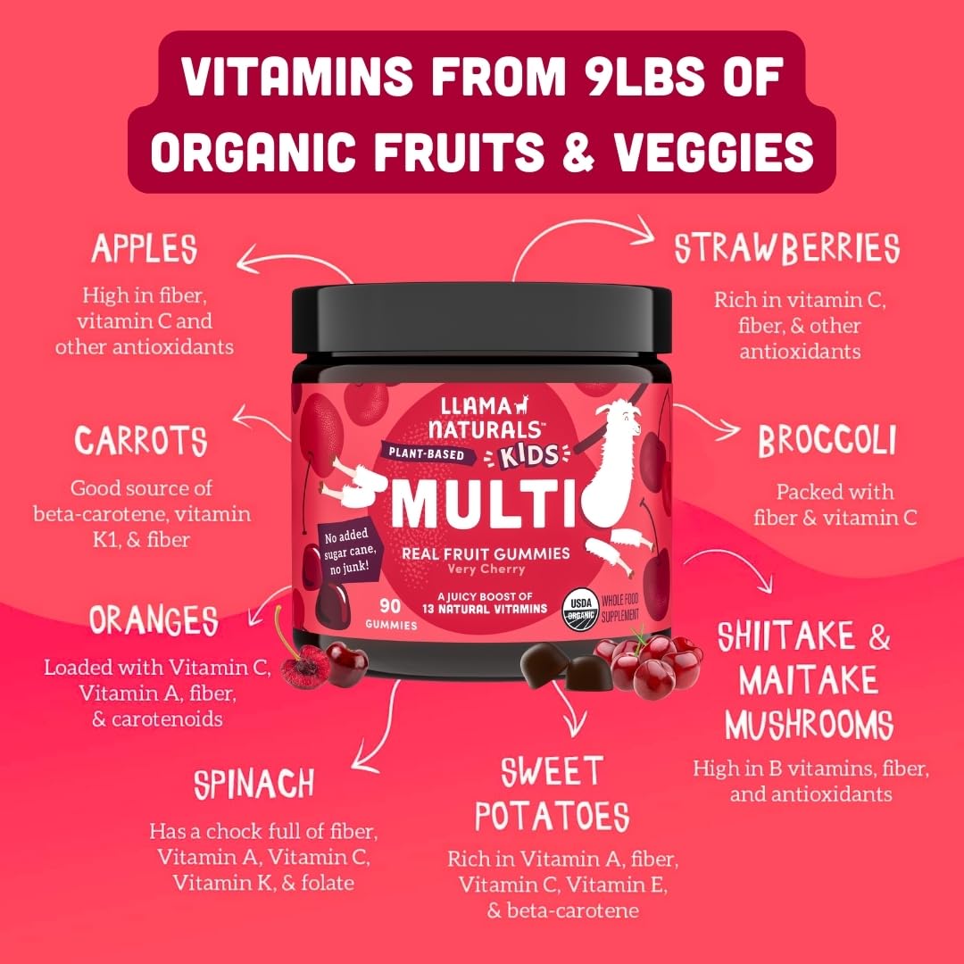 Llama Naturals Kids Multivitamin Gummies, Vegan, Organic with Vitamin D, C & K, Toddler Real Fruit Gummy Vitamins, Chewable Supplement, Whole Food Multivitamin, No Added Sugar Cane, Strawberry, 90 Ct Nirvana Guru