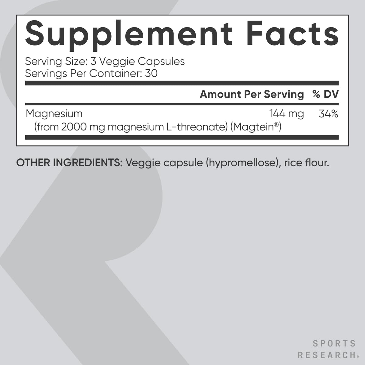 Sports Research Magtein Magnesium L-Threonate Capsules - Magnesium Supplement for Memory, Focus & Cognition - Magnesium L Threonate Supports Brain Health, Sleep & Mood - 2000mg, 90 Capsules for Adults - Nirvana Guru
