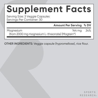 Sports Research Magtein Magnesium L-Threonate Capsules - Magnesium Supplement for Memory, Focus & Cognition - Magnesium L Threonate Supports Brain Health, Sleep & Mood - 2000mg, 90 Capsules for Adults - Nirvana Guru