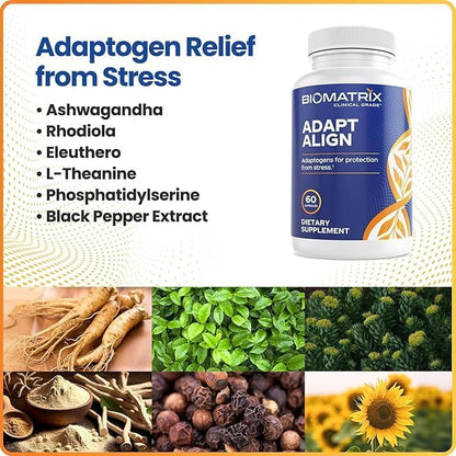 BioMatrix Adaptogen Supplement w/Ashwagandha, L-Theanine, Rhodiola, Ginseng | Cortisol Support, Stress Relief, Focus, Mood | 60 Capsules Nirvana Guru