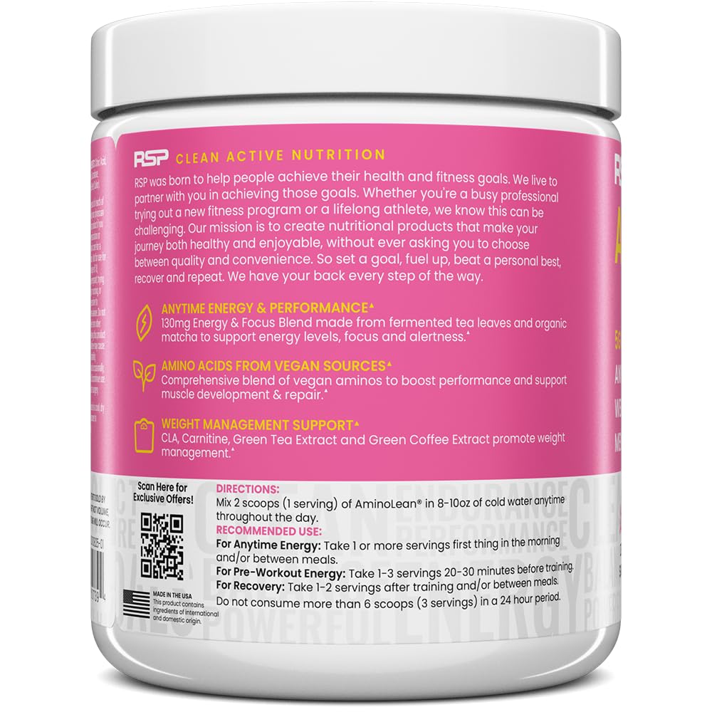 RSP NUTRITION AminoLean Pre Workout Powder, Amino Energy & Weight Management with Vegan BCAA Amino Acids, Natural Caffeine, Preworkout Boost for Men & Women, 30 Serv, Pink Lemonade… Nirvana Guru