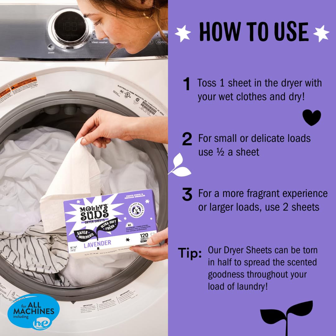 Molly's Suds Fabric Softener Dryer Sheets for Sensitive Skin | Plant-Based Static Reducer, Plastic-Free Packaging | Lavender (120 Sheets) Nirvana Guru