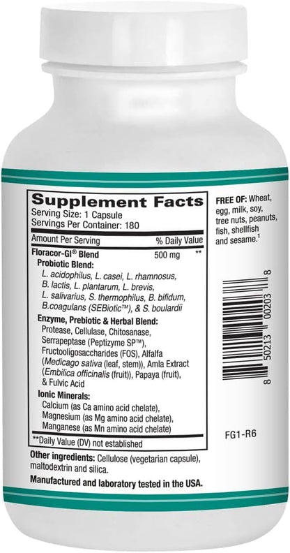 Floracor-GI Candida Cleanse, Probiotic and Enzyme Support Formula 180 Capsules Nirvana Guru
