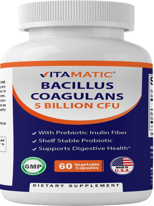 Vitamatic Bacillus Coagulans Shelf Stable Probiotic Supplement - Promote GI Digestive Health - 60 Vegetable Capsules - Survives Stomach Acids - Nirvana Guru