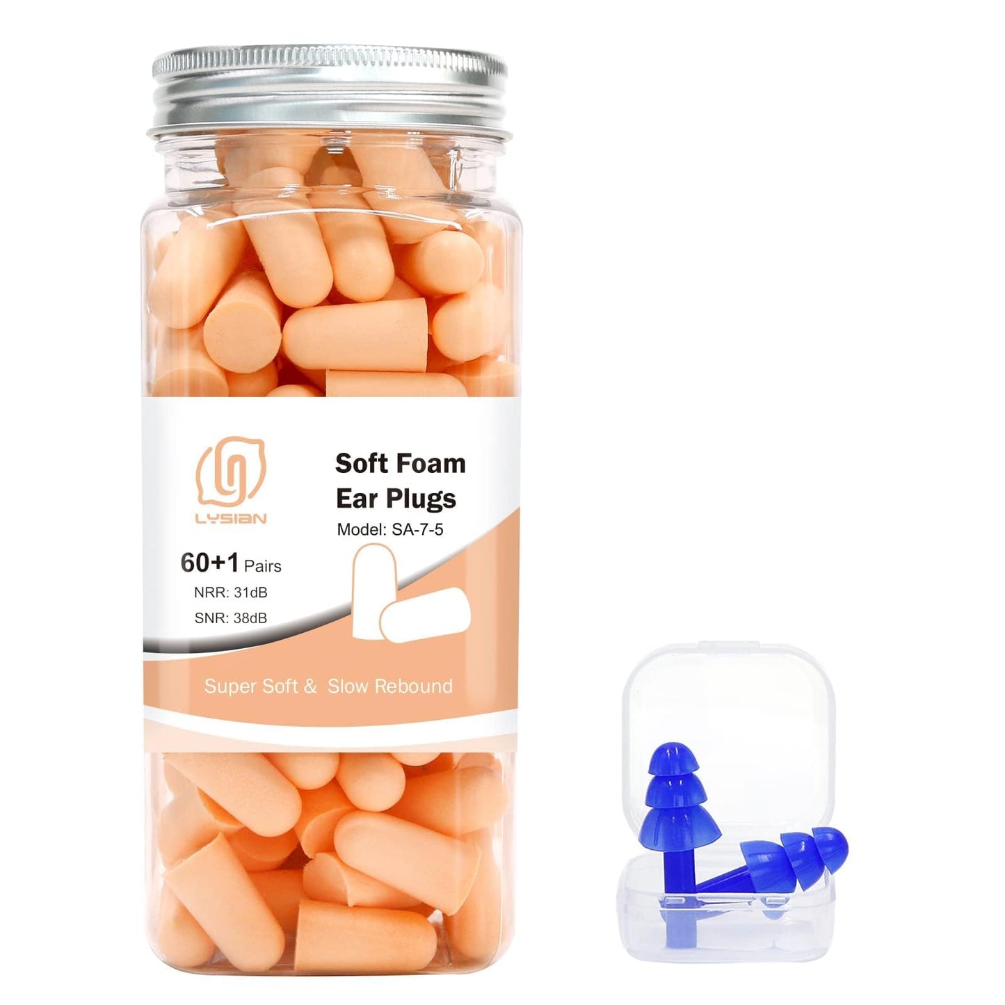 LYSIAN Ultra Soft Foam Earplugs Sleep, Noise Cancelling Ear Plugs for Sleeping, Shooting,Travel and Work-38dB SNR 31dB NRR Sound Blocking-60 Pairs Pack (Lake Blue)