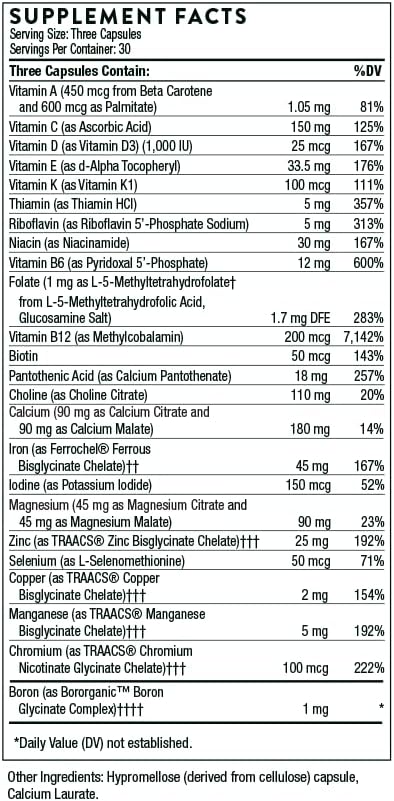 THORNE Basic Prenatal - Well-Researched Folate Multi for Pregnant and Nursing Women Includes 18 Vitamins and Minerals, Plus Choline - 90 Capsules - 30 Servings - Nirvana Guru
