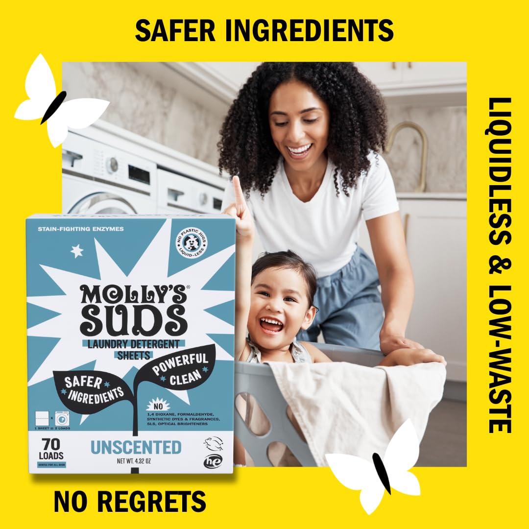 Molly’s Suds Laundry Detergent Sheets | Gentle on Sensitive Skin, Powerful Bio-Based Enzymes, Stain-Fighting | Liquidless & Plastic-Free Packaging | 70 Loads (Unscented) Nirvana Guru