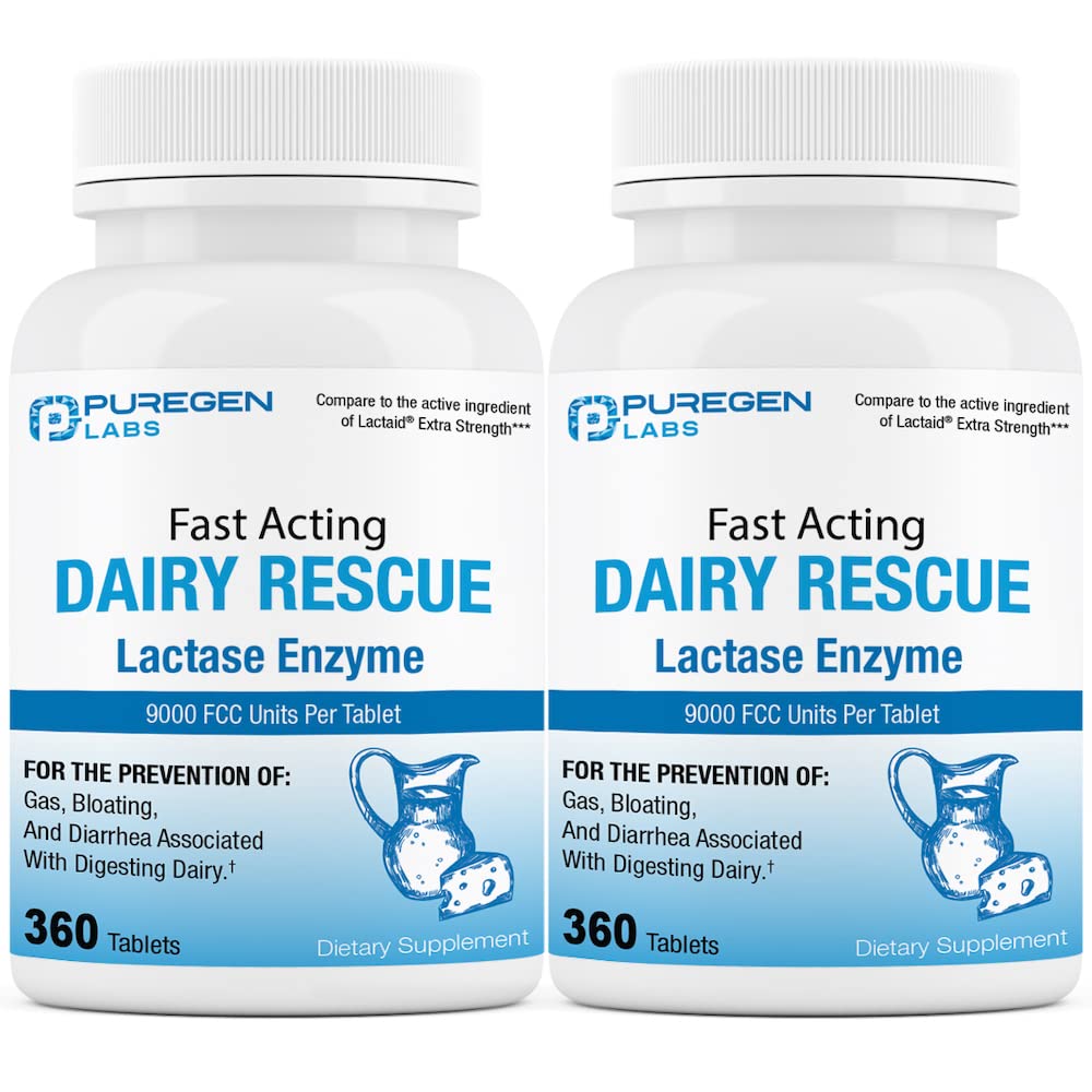Puregen Labs Dairy Relief Fast Acting Lactase Enzyme 9000 FCC, Lactose Intolerance Pills 360 Tablets - Nirvana Guru