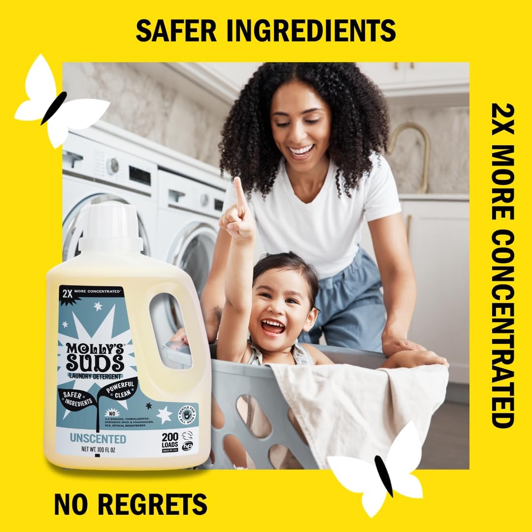 Molly's Suds Liquid Laundry Detergent | Clean Laundry Detergent Soap for Sensitive Skin | 2x Concentrated, High Efficiency (HE) | Unscented - 100 Loads Nirvana Guru