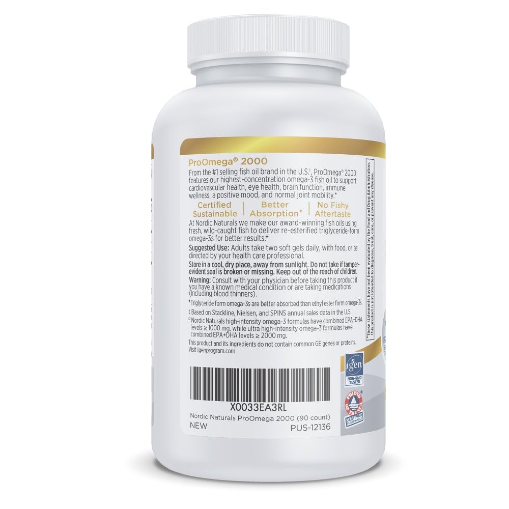 Nordic Naturals ProOmega 2000, Lemon Flavor - 120 Soft Gels - 2150 mg Omega-3 - Ultra High-Potency Fish Oil - EPA & DHA - Promotes Brain, Eye, Heart, & Immune Health - Non-GMO - 60 Servings - Nirvana Guru