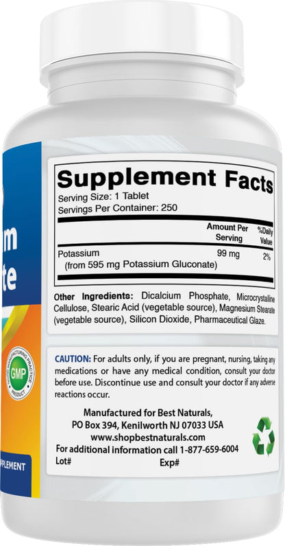 Best Naturals Potassium Gluconate Supplement 595 Mg Tablet, 250Count Nirvana Guru