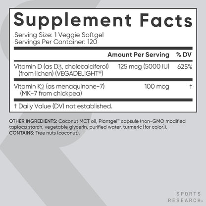 Sports Research® Vitamin D3 + K2 with Coconut MCT Oil | Vegan D3 2500iu (62.5mcg) & Plant Based Vitamin K2 100mcg | Vegan Certified, Soy & Gluten Free - 60 Softgels - Nirvana Guru