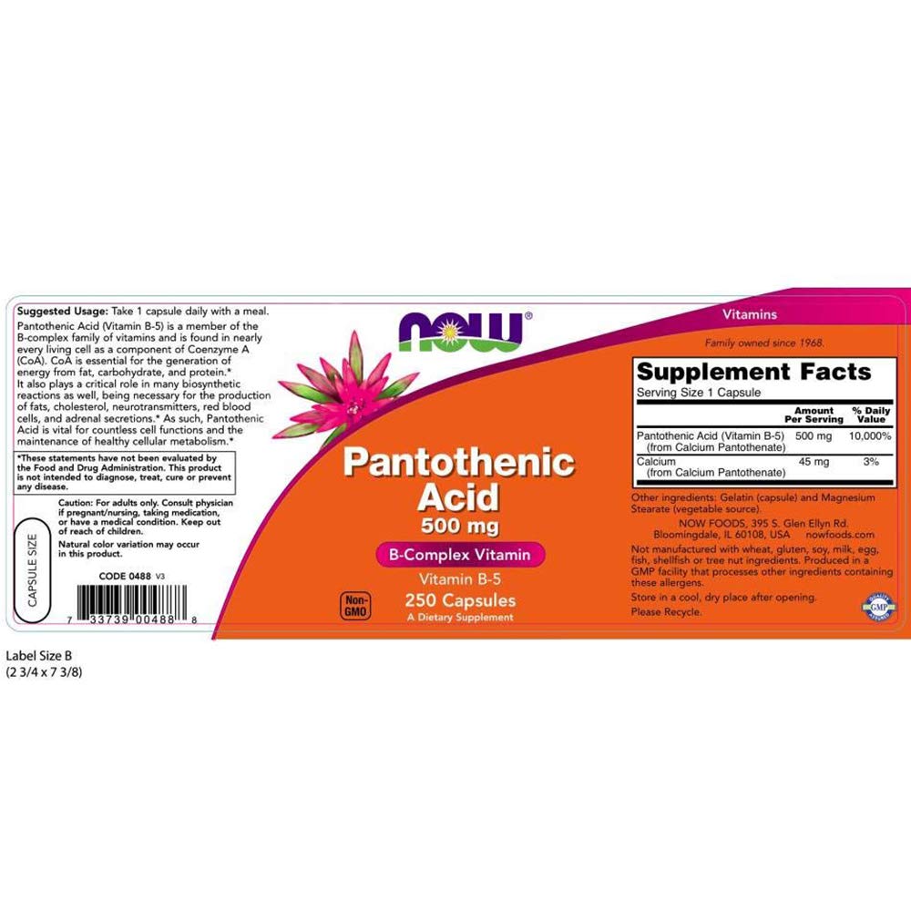 NOW Foods Supplements, Pantothenic Acid (Vitamin B-5) 500 mg, B-Complex Vitamin, 100 Capsules - Nirvana Guru