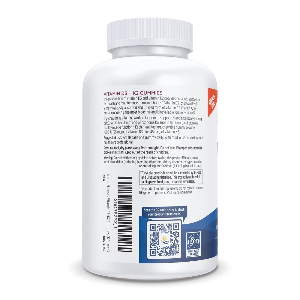 Nordic Naturals Vitamin D3 + K2 Gummies, Pomegranate - 60 Gummies - 1000 IU Vitamin D3 + 45 mcg K2 - Great Taste - Bone Health, Promotes Healthy Muscle Function - Non-GMO - 60 Servings - Nirvana Guru