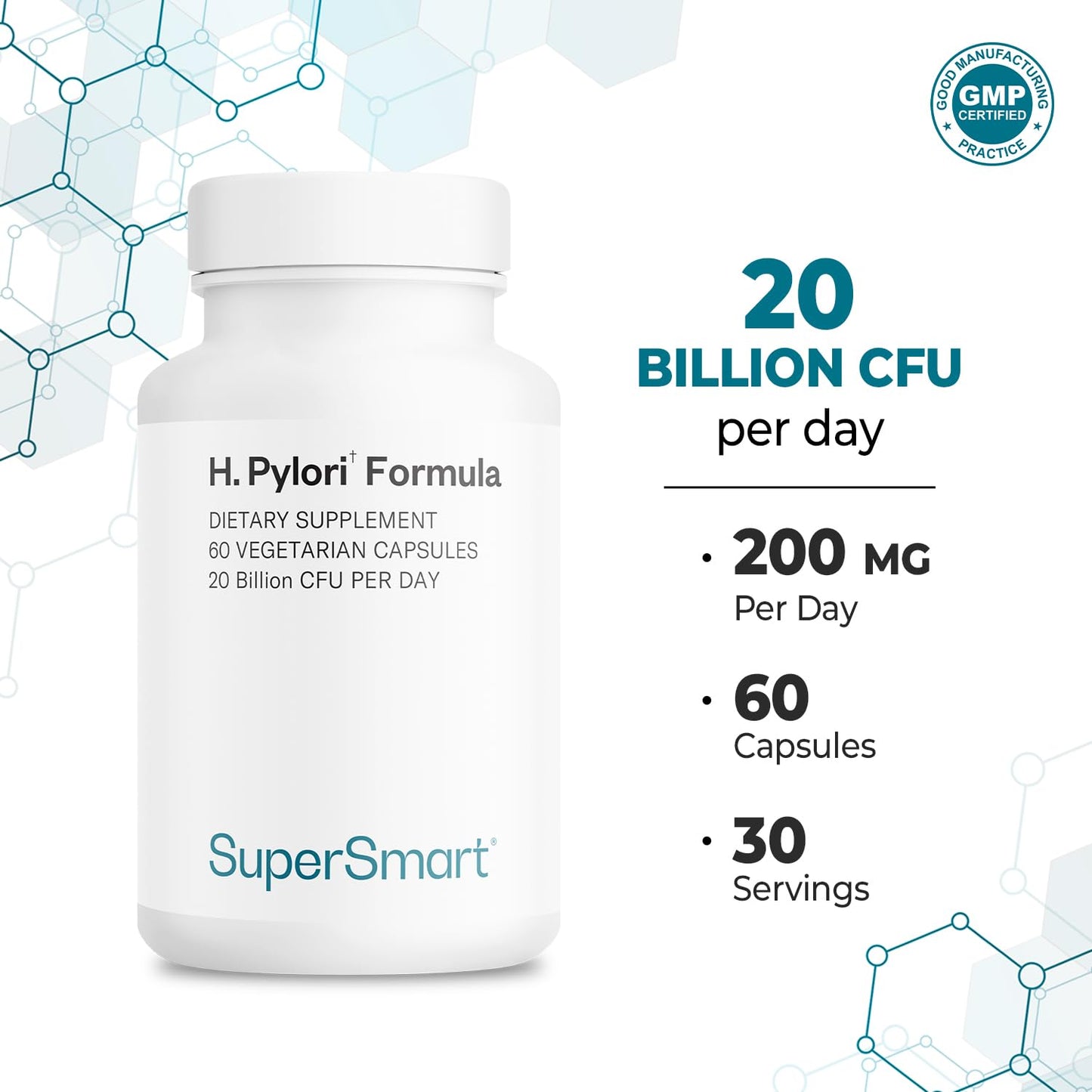 Supersmart H. Pylori Formula 20 Billion CFU per Day (High Potency) - Patented Pylopass Probiotic Lactobacillus Reuteri DSM 17648 Supplement | Non-GMO & Gluten Free - 60 Vegetarian Capsules Nirvana Guru