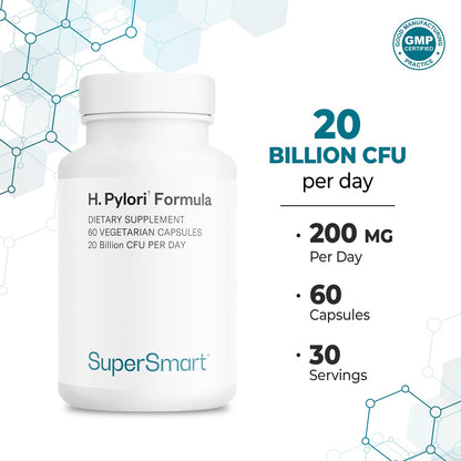 Supersmart H. Pylori Formula 20 Billion CFU per Day (High Potency) - Patented Pylopass Probiotic Lactobacillus Reuteri DSM 17648 Supplement | Non-GMO & Gluten Free - 60 Vegetarian Capsules Nirvana Guru