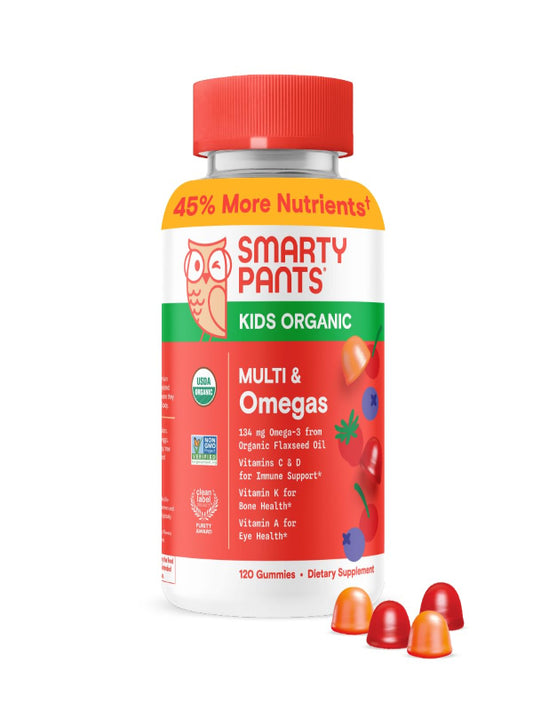 SmartyPants Organic Kids Multivitamin Gummies: Probiotics, Omega 3 (ALA), Vitamin D3, C, Vitamin B12, B6, A, K & Zinc for Immune Support, Biotin, Three Fruit Flavors, 120 Count (30 Day Supply) Nirvana Guru