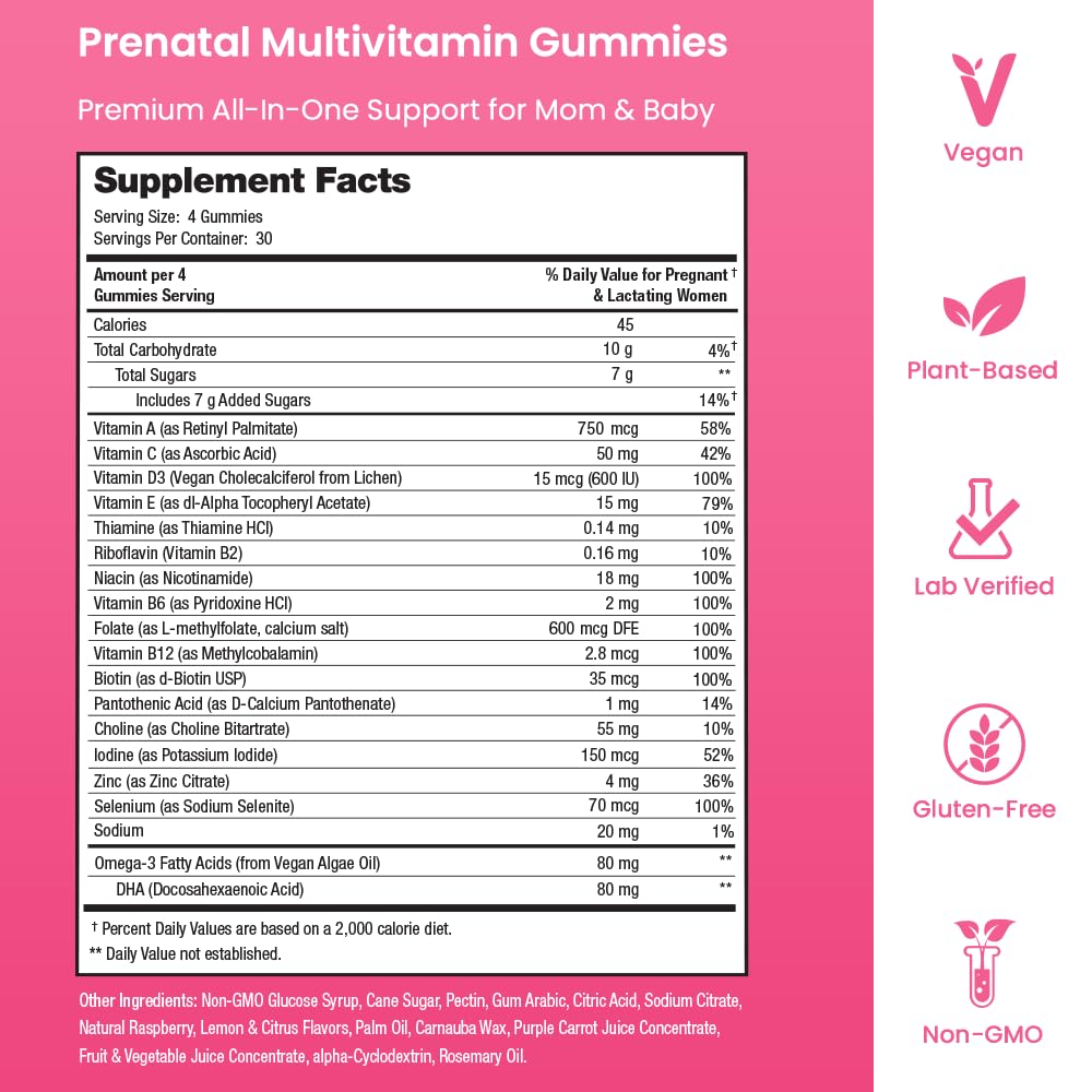 Prenatal Vitamin Gummies with DHA | Vegan Prenatal Vitamins for Women with Omega 3, Methylfolate, Choline & D3, Pregnancy Vitamins for Fetal Development | Gummy Multivitamin Supplement, 120 Count Nirvana Guru