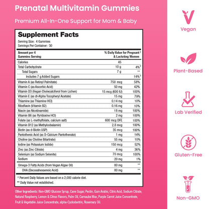 Prenatal Vitamin Gummies with DHA | Vegan Prenatal Vitamins for Women with Omega 3, Methylfolate, Choline & D3, Pregnancy Vitamins for Fetal Development | Gummy Multivitamin Supplement, 120 Count Nirvana Guru