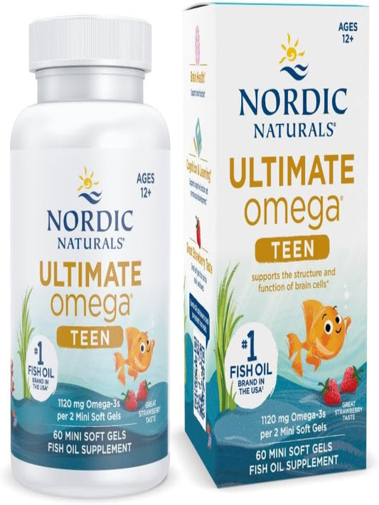 Nordic Naturals Ultimate Omega 2X Teen, Strawberry - 60 Mini Soft Gels - 1120 mg Total Omega-3s with EPA & DHA - Brain Health, Positive Mood, Social Development, Learning - Non-GMO - 30 Servings - Nirvana Guru