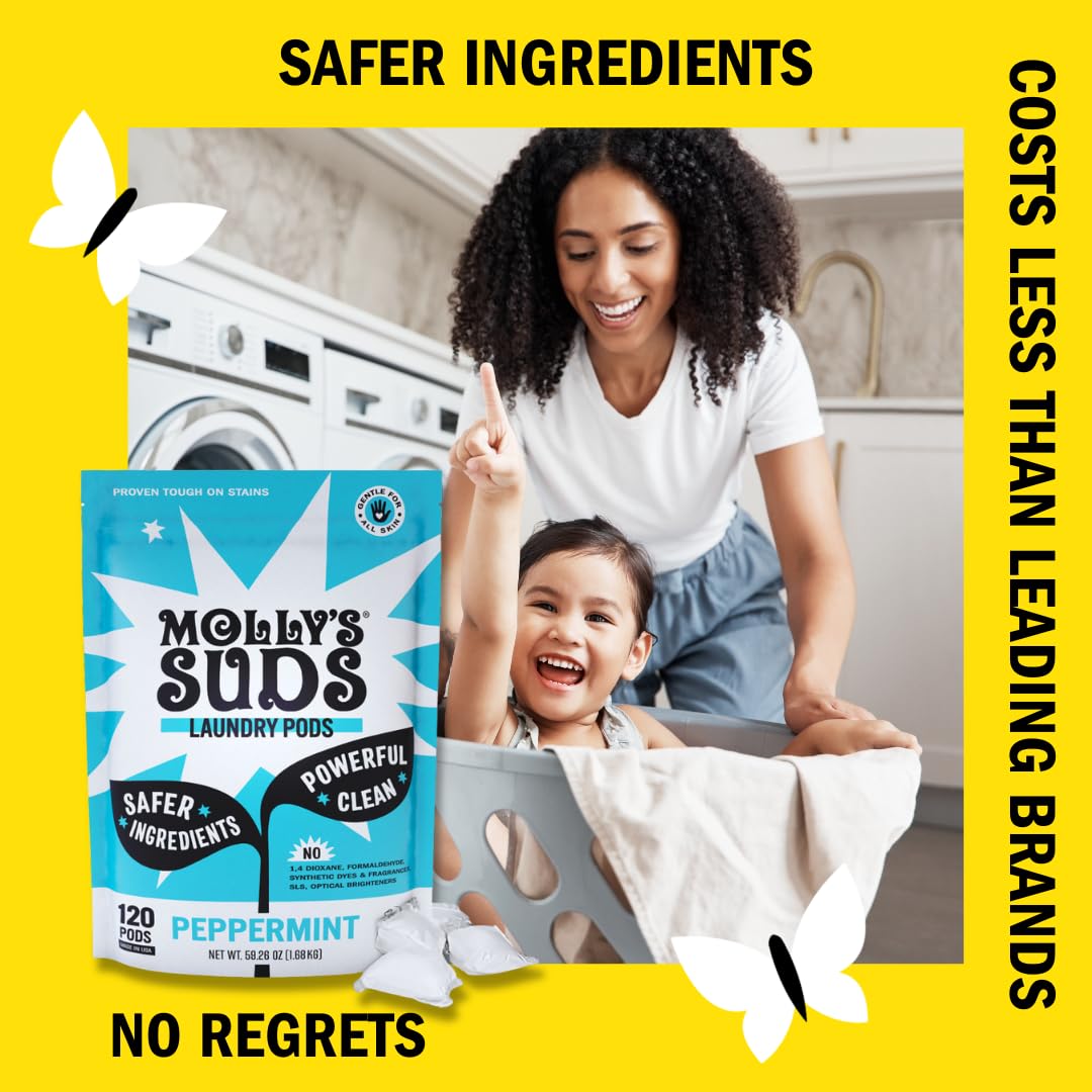 Molly's Suds Laundry Detergent Pods | Clean Detergent for Sensitive Skin | Ultra Concentrated and Stain Fighting | Peppermint - 120 Count (Value Pack) Nirvana Guru