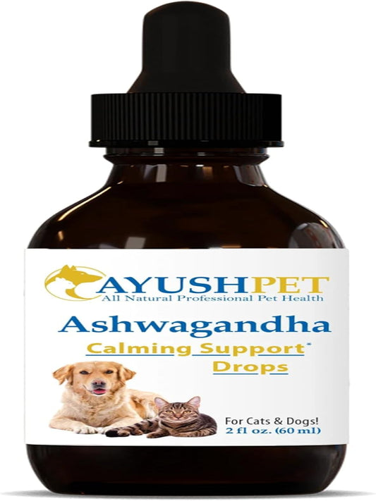 Ayush Pet Stress Support Ashwagandha Drops, Calm and Focus for Dogs or Cats, Alcohol Free Supplement, 2 oz. Nirvana Guru