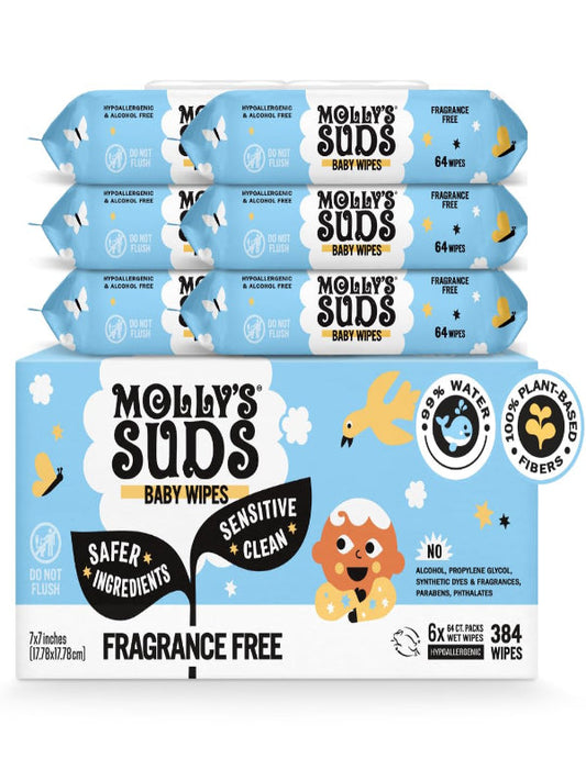 Molly's Suds Sensitive Clean Baby Wipes | 99% Water, Plant-Based, Fragrance Free | 576 Total Wipes (9 Flip-Top Packs) Nirvana Guru