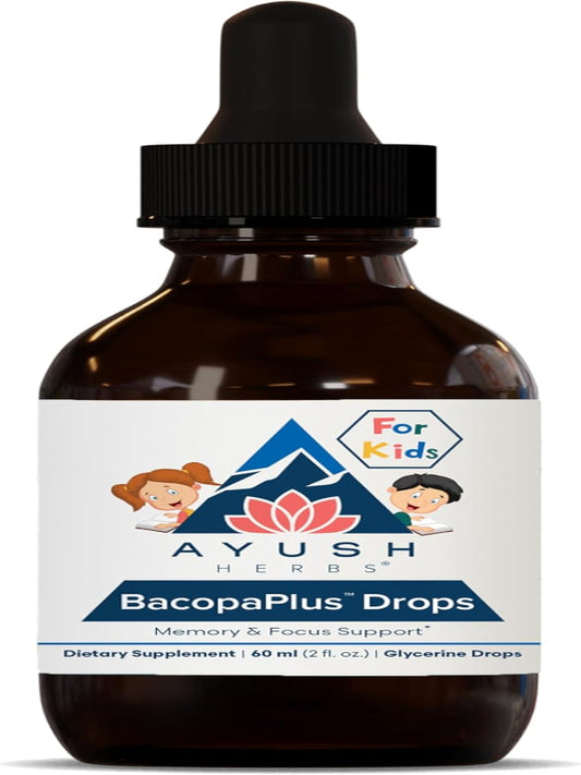 Ayush Herbs BacopaPlus Drops for Kids - Kids Focus and Attention Supplement with Bacopa, Ashwagandha, Ginkgo, Support for Brain & Memory, Organic Ingredients - 2 Fl Oz (80 Servings) Nirvana Guru