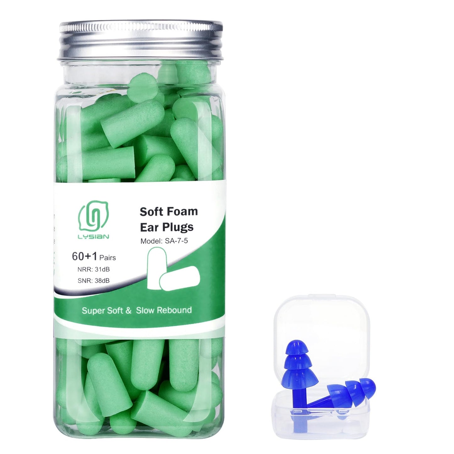 LYSIAN Ultra Soft Foam Earplugs Sleep, Noise Cancelling Ear Plugs for Sleeping, Shooting,Travel and Work-38dB SNR 31dB NRR Sound Blocking-60 Pairs Pack (Lake Blue)