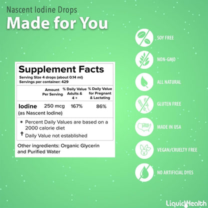 LIQUIDHEALTH USDA Organic Nascent Iodine Liquid Drops, Pure Iodine Supplement for Thyroid & Immune Support, Energy Supplement - Made in USA, Vegan, Colorless, Tasteless Tincture (2 oz) Nirvana Guru