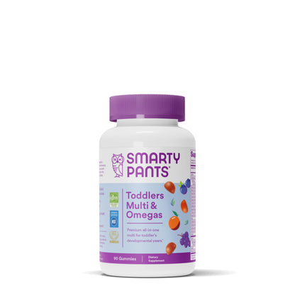 SmartyPants Toddler Multivitamin Gummies - Improved Formula: Omega 3 (DHA/EPA), Vitamins D3, C, Vitamin B12, B6, A, K & Zinc, Biotin, Gluten Free, Three Fruit Flavors, 60 Count (30 Day Supply) Nirvana Guru