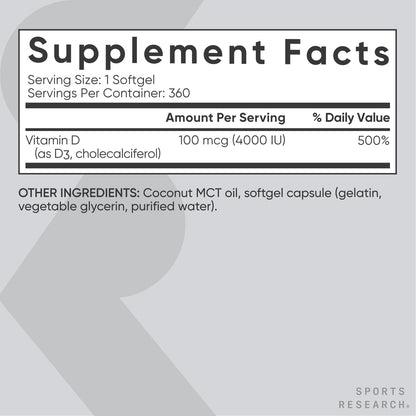 Sports Research Vitamin D3 5000iu (125mcg) with Coconut Oil ~ High Potency Vitamin D for Immune & Bone Support ~ Non-GMO Verified, Gluten & Soy Free (360 Mini-Liquid Softgels) - Nirvana Guru