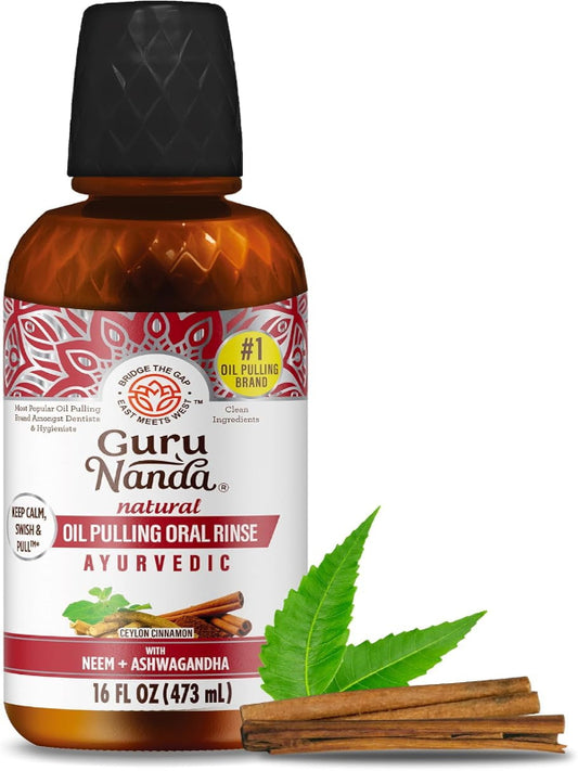 GuruNanda Ashwagandha Oil Pulling Mouthwash, Promotes Calmness, with Neem & Roman Chamomile for Fresh Breath & Happy Gums, Alcohol-Free, 16 Oz Nirvana Guru