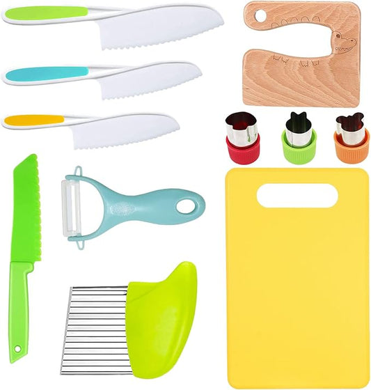 RISICULIS 11 Pieces Wooden Kids Kitchen Knife, Kids Kitchen Set Include Wood Knife, Serrated Edges Plastic Toddler Knife, Crinkle Cutter, Sandwich Cutter, Y Peeler, Cutting Board nirvanaguru