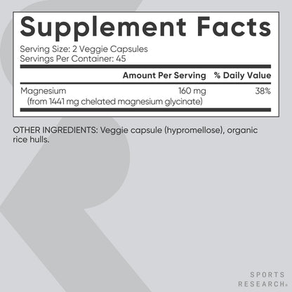 Sports Research® Magnesium Glycinate - Supports Restful Sleep & Enzymatic Processes - 160 mg Chelated Magnesium - Vegan Capsule - 90 Count - Nirvana Guru