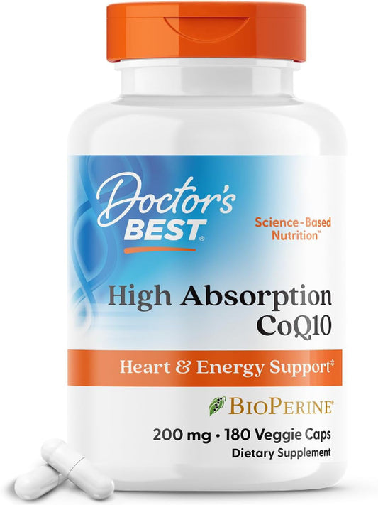 Doctor's Best High Absorption CoQ10, Heart & Energy Support, USP Verified, Naturally Fermented CoQ10, Non-GMO Gluten Free, Soy Free, Vegan 180 Veggie Caps - Nirvana Guru