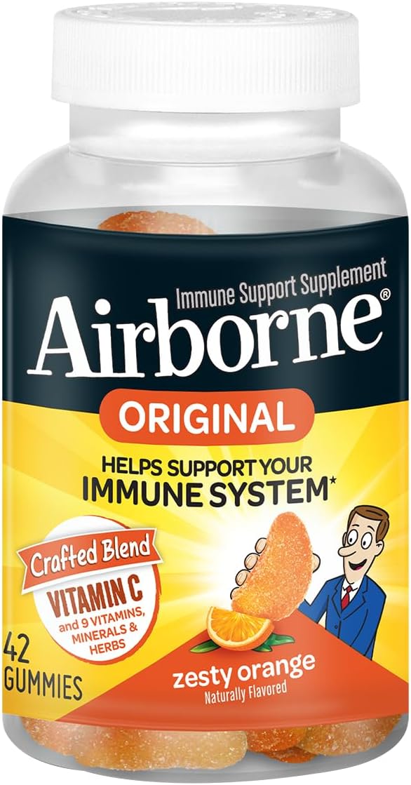 Airborne Vitamin C 750mg (per Serving) Zesty Orange Flavored Gummies (42 Count in a Bottle), Gluten-Free Immune Support Supplement with Vitamins A C E, Selenium, Echinacea, Ginger, Antioxidant Nirvana Guru