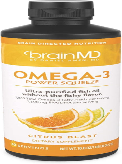 BRAINMD Dr Amen Omega-3 Power Squeeze, Citrus Blast - 16.8 oz - Supports Cardiovascular, Brain & Immune System Health - Gluten Free - 30 Servings Nirvana Guru