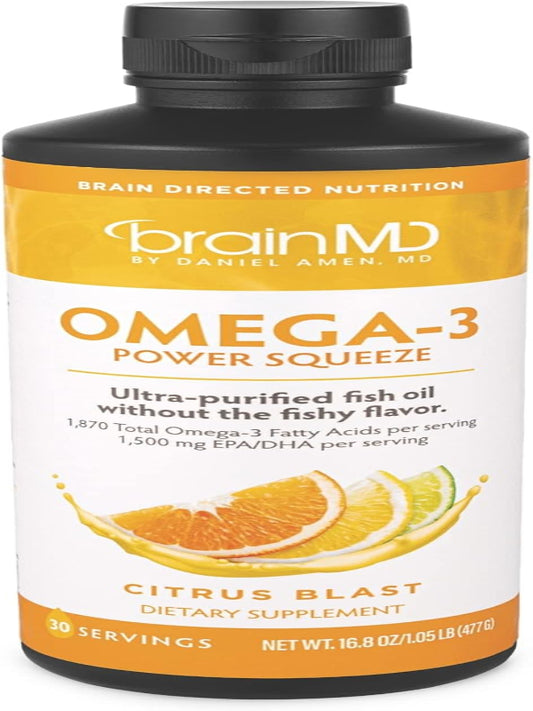 BRAINMD Dr Amen Omega-3 Power Squeeze, Citrus Blast - 16.8 oz - Supports Cardiovascular, Brain & Immune System Health - Gluten Free - 30 Servings Nirvana Guru